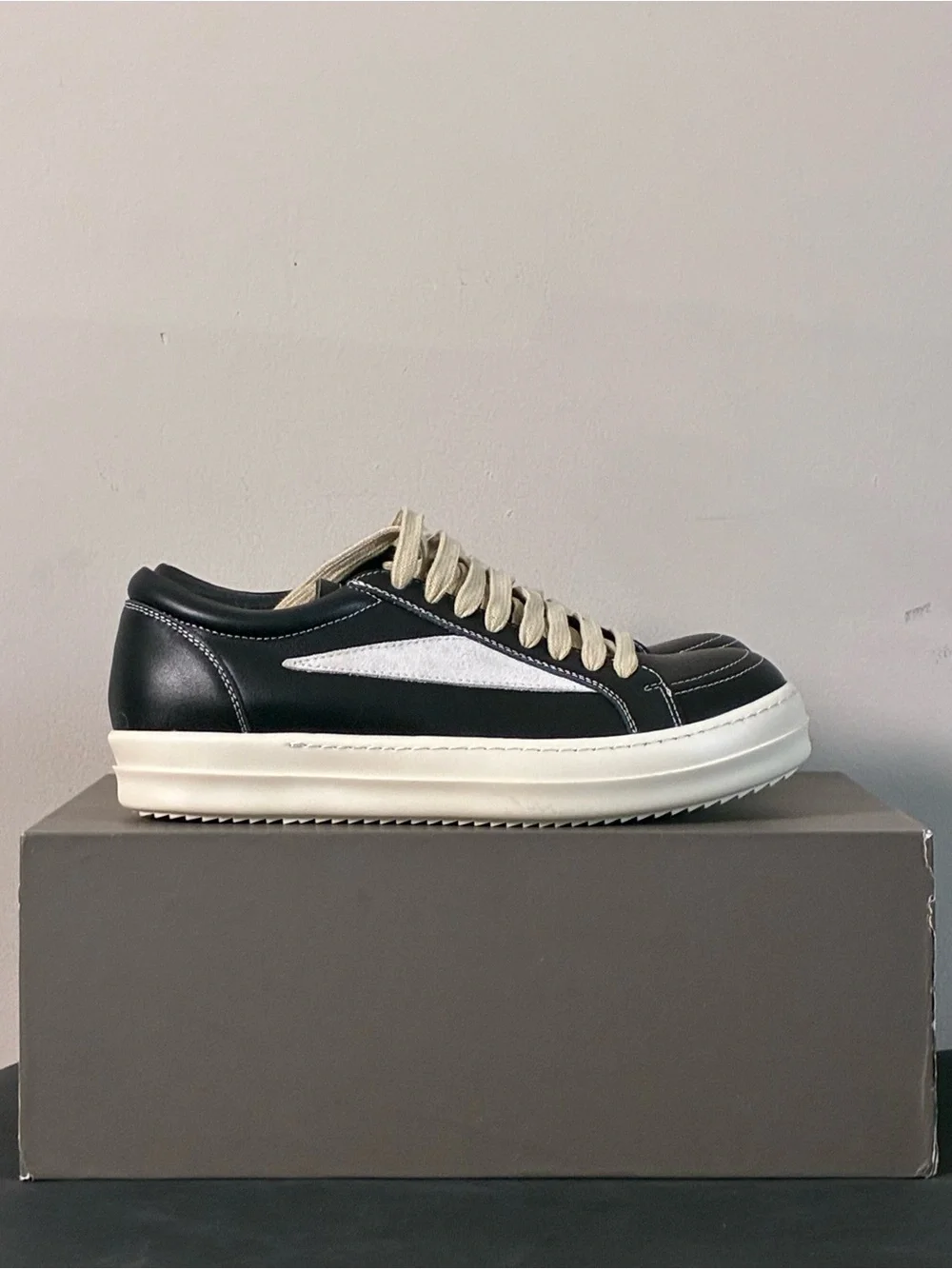Rick Owens Black Leather Low-Top Sneakers with Cream Accents
